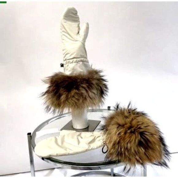AUTHENTIC PRADA Womens Mittens Off White OS Fox Fur Cuff Gloves Adjustable - Picture 1 of 4